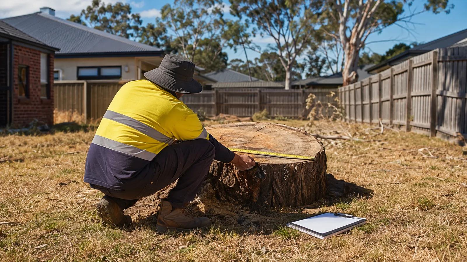 Contractor and homeowner standing beside a large cut stump in a backyard, tape measure across the cut face, talking through the quote