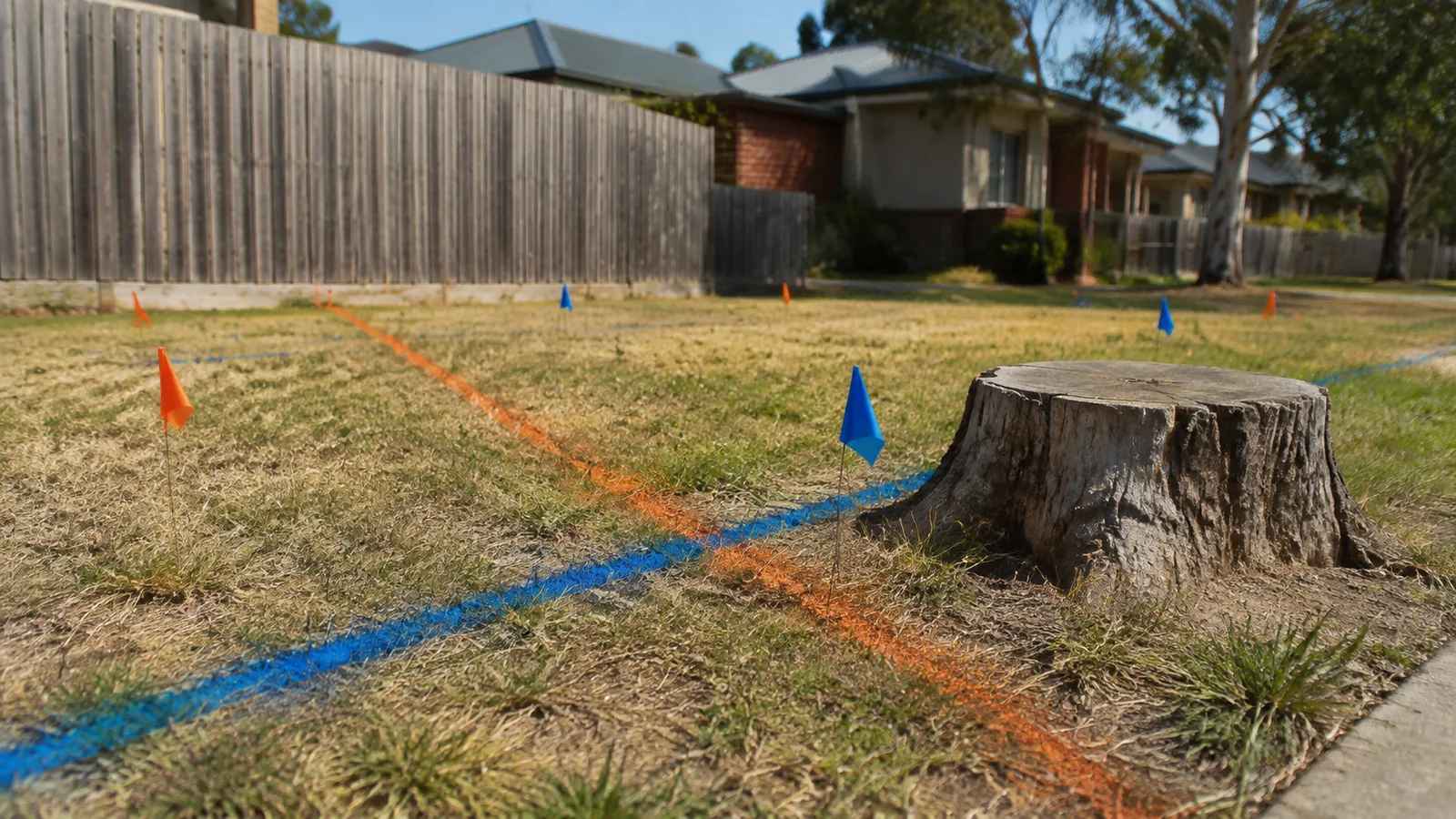 Before You Dig Australia asset plans laid out beside marker paint and a cable locator on a residential site