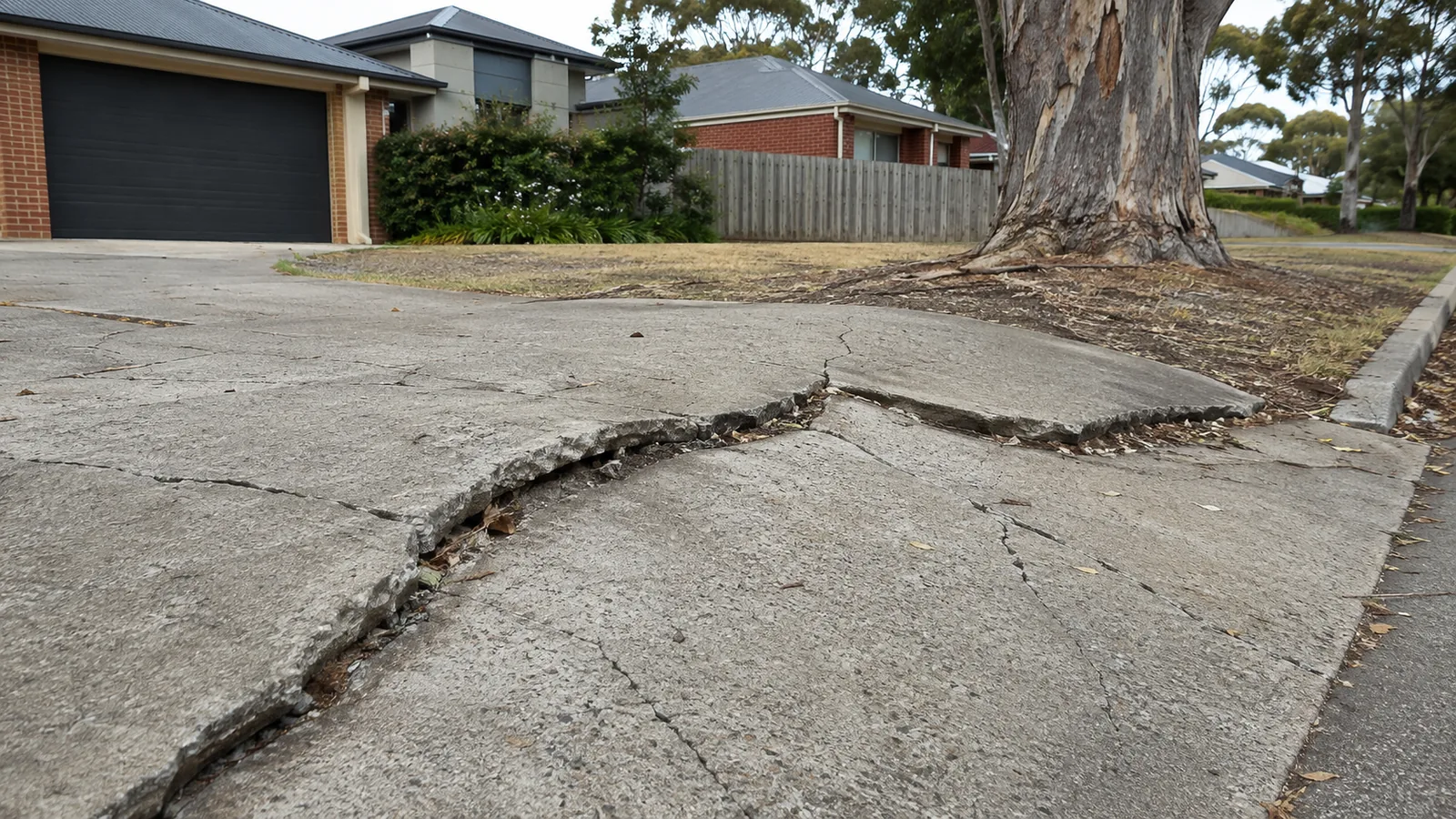 Surface tree roots running under a residential concrete driveway and lifting the slab edge, with cracking visible along the joint