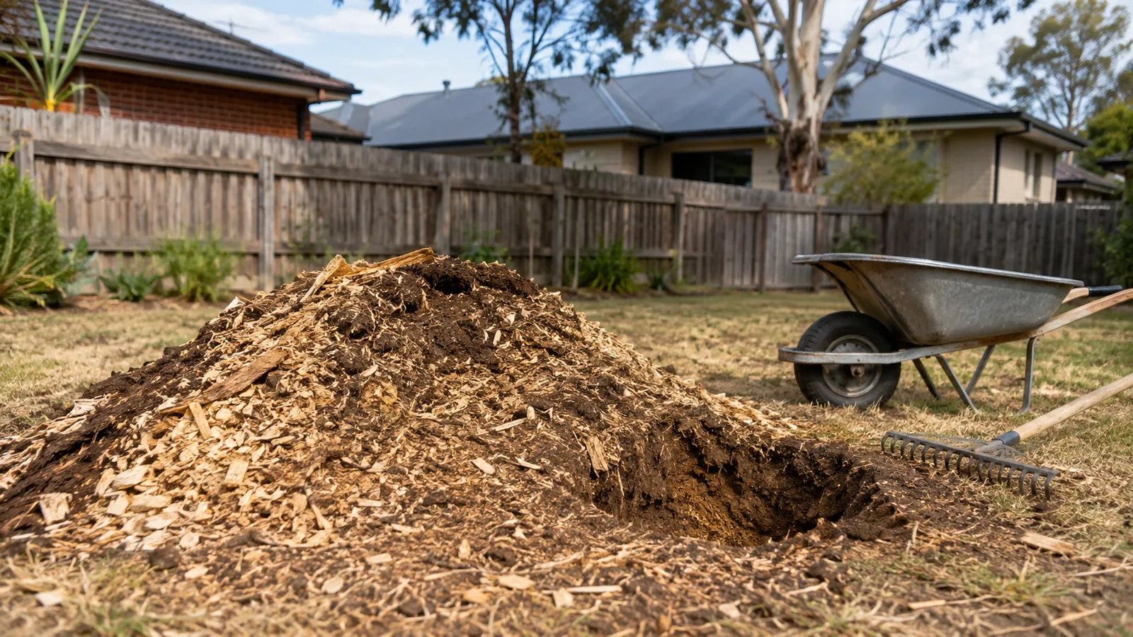 A large mound of fresh stump grindings, coarse woodchip mixed with soil and small stones, heaped beside a freshly ground stump hole