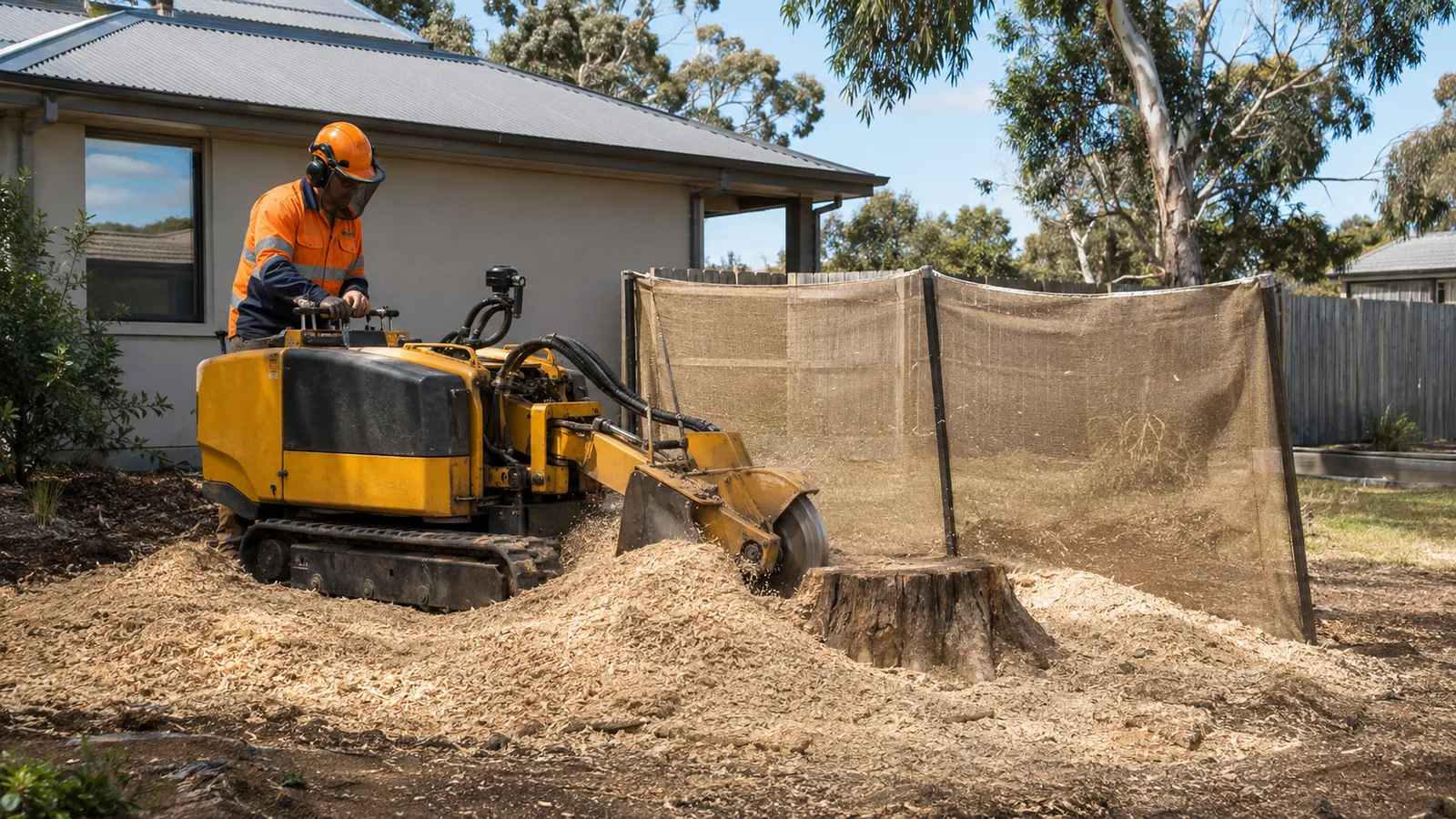 Tracked stump grinder cutting a large eucalyptus stump below ground level in a Pakenham backyard, with a debris screen set up behind it