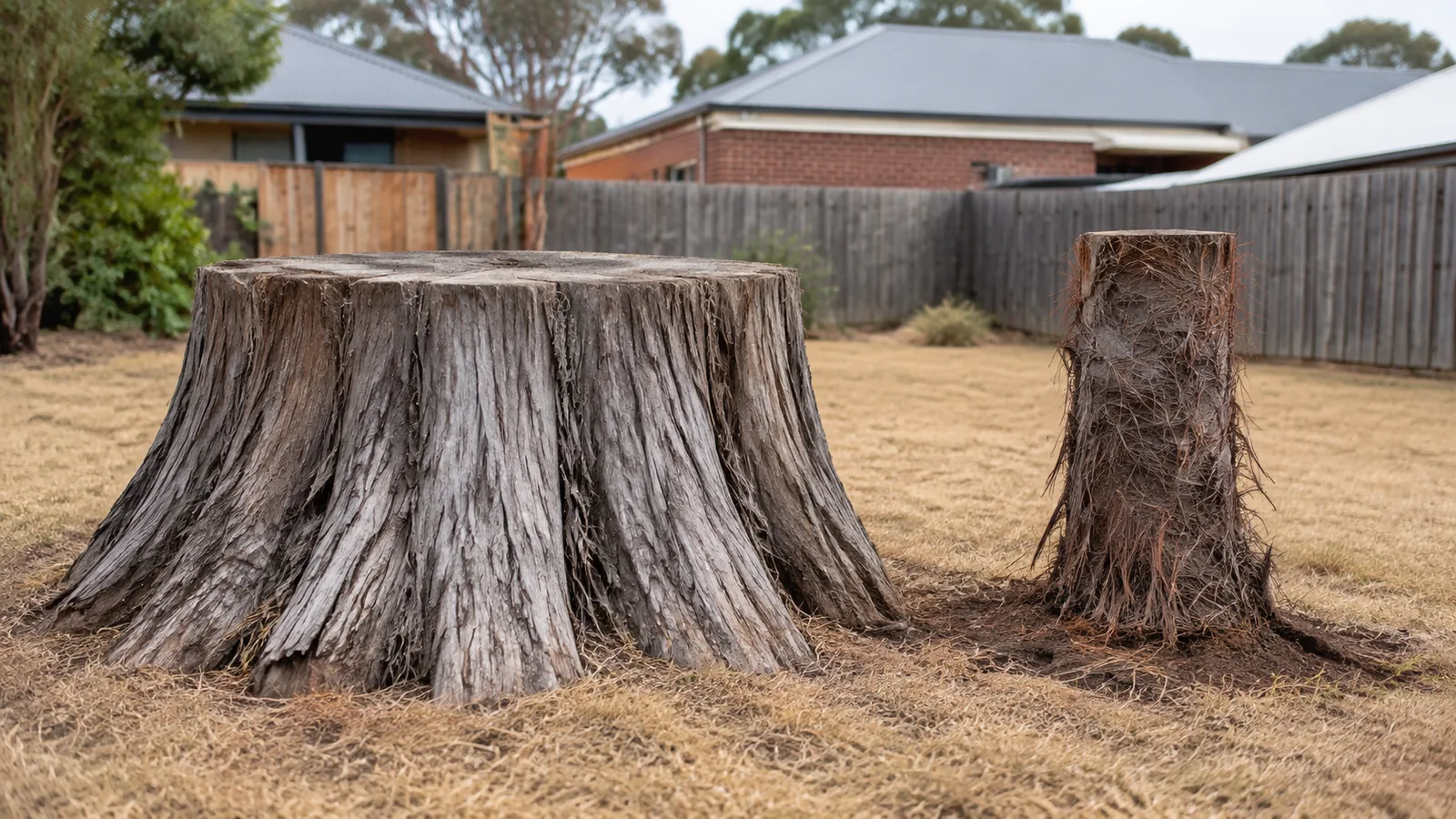 Cut faces of several tree stumps side by side showing a dense fissured eucalypt, a resinous cypress, a pale radiata pine and a fibrous palm