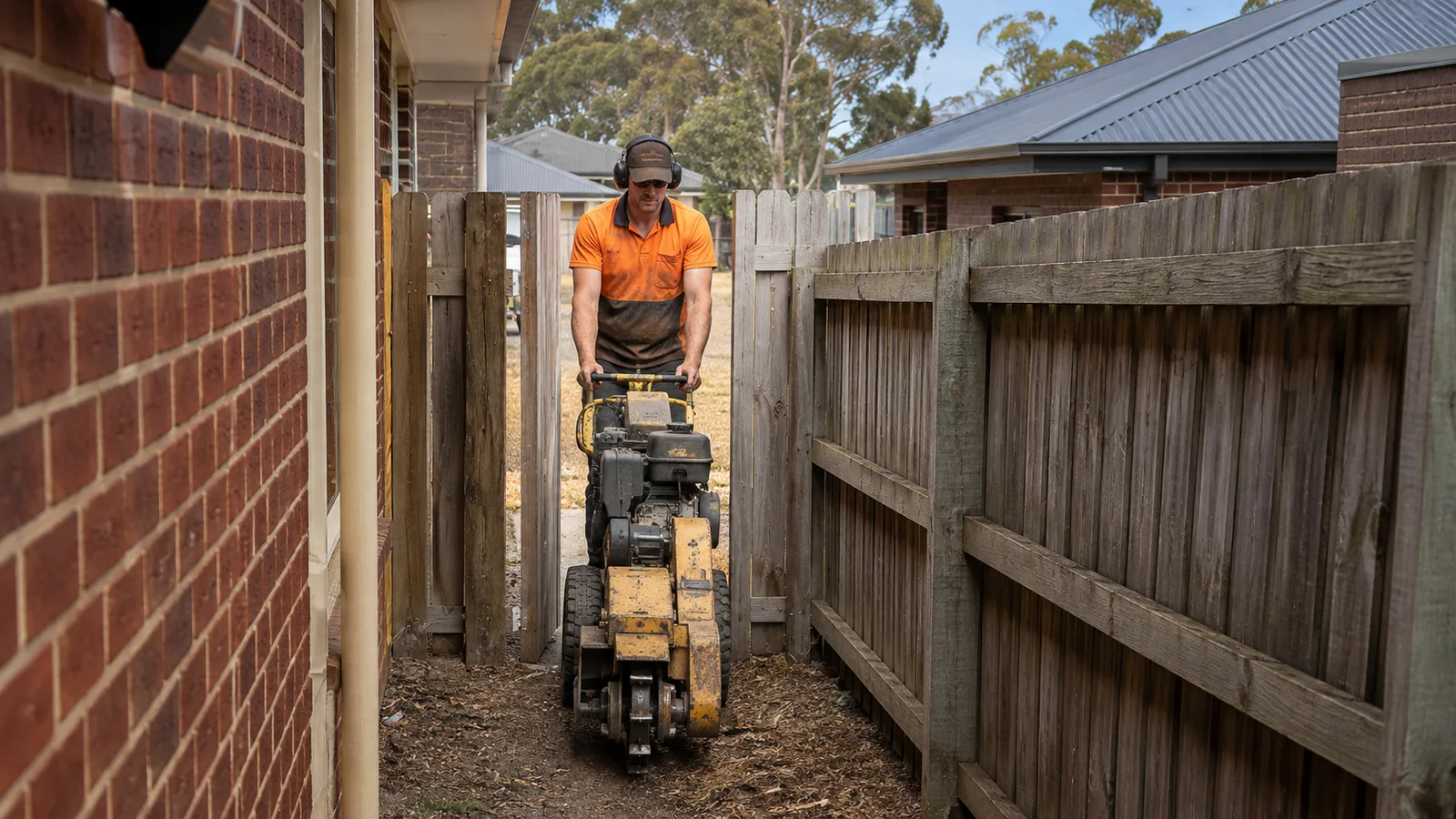 Compact narrow-access stump grinder being walked along a side path between a house wall and a boundary fence on a small estate block