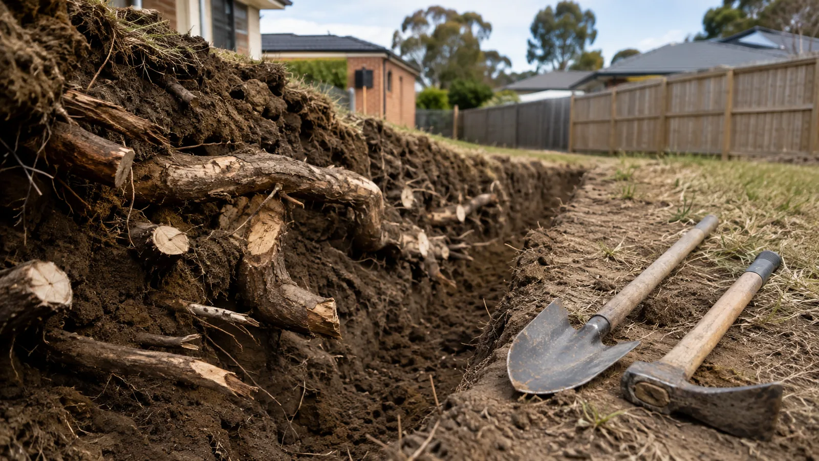 A thick surface tree root exposed in a narrow open trench beside a concrete path, cut cleanly at both ends with the soil stacked to one side
