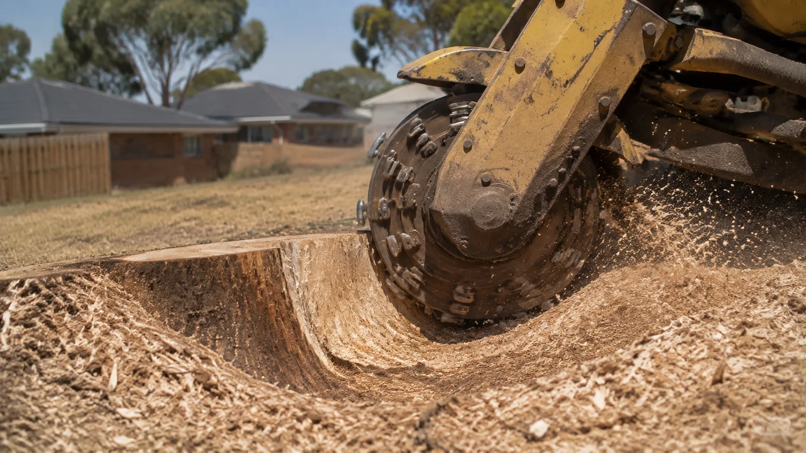 Close-up of a carbide-toothed stump grinder wheel cutting into the side of a hardwood stump with chips spraying sideways