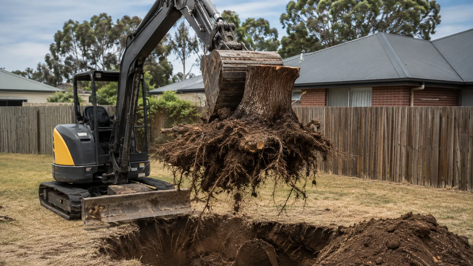 An excavator lifting a large stump and its root ball clear of the ground, leaving an open hole ready for backfill